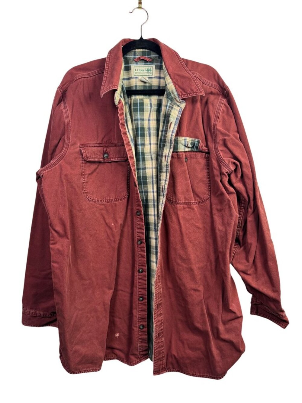 LL Bean Men Red Heavyweight Flannel Lined Shirt Jacket Men XL Tall 100% Cotton